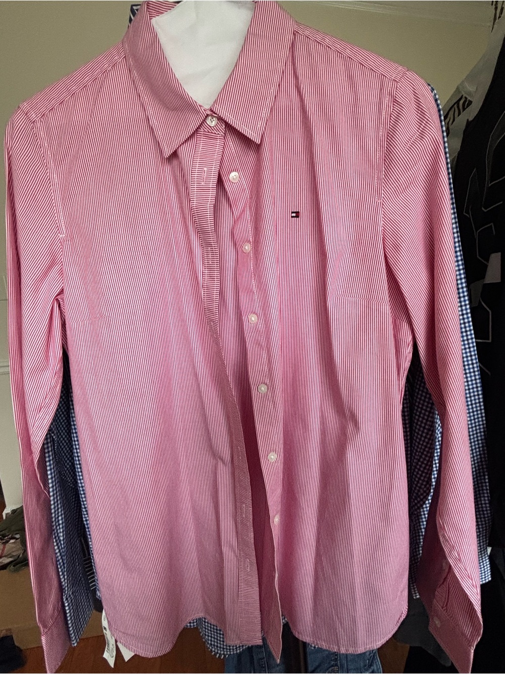 Women Tommy Hilfiger Red and White Micro-Striped Button-Down Shirt (M)